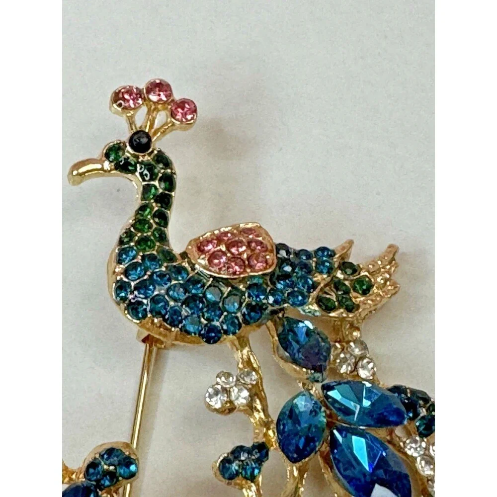 Peacock Brooch Blue Rhinestone Navette Goldtone Pin 2.25”